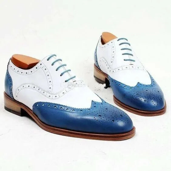 Two Tone Leather Brogue Formal Handmade Wing Tip Lace Up Dress Shoes For Men