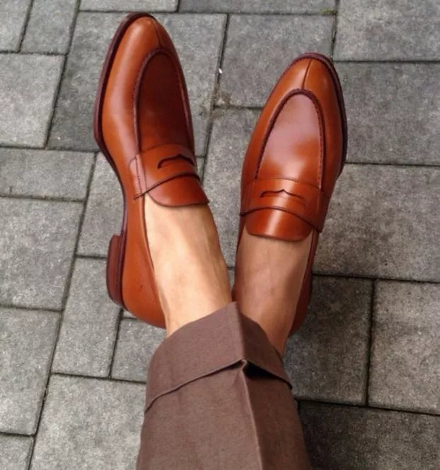 Handmade Tan Leather Formal Penny Loafer Party Wear Shoes For Mens