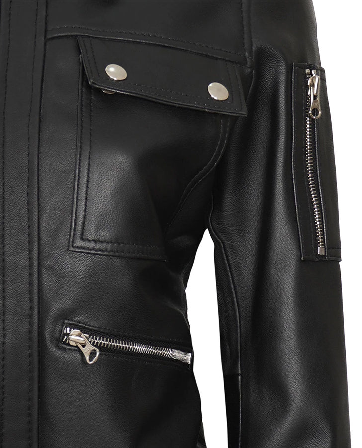 Evelyn Women's Classic Black Leather Bomber Jacket