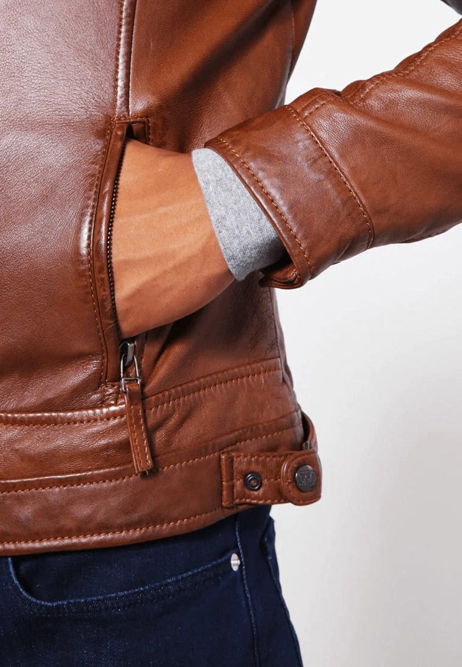 Men's Brown Leather Crew Neck Jacket