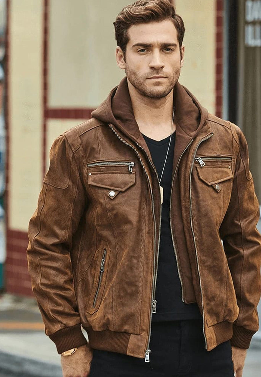 Stylish Men's Brown Leather Bomber Jacket with Removable Hood