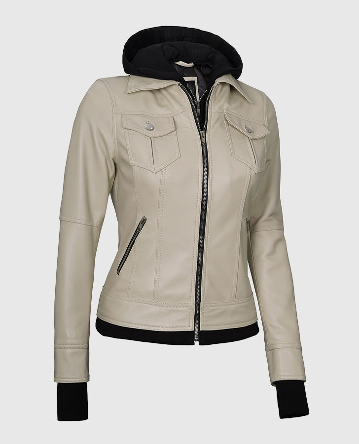 Women's Beige Bomber Leather Jacket with Hood