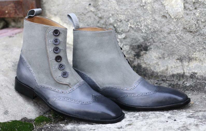 Men's Handmade Gray Leather Suede Button Boots, Men Fashion Ankle High Boots