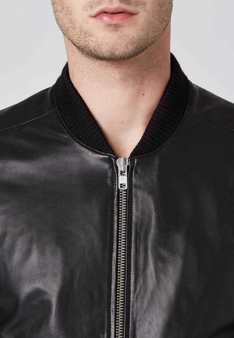 Stylish Men's Black Leather Bomber Jacket with Dual Zipper Design