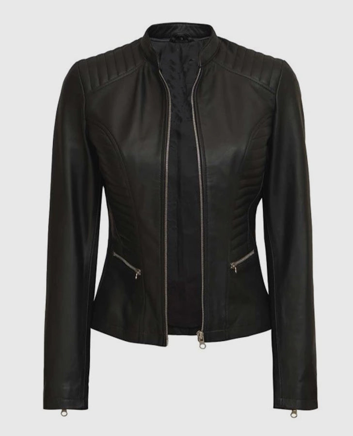 Women's Rachel Petite Black Cafe Racer Leather Jacket