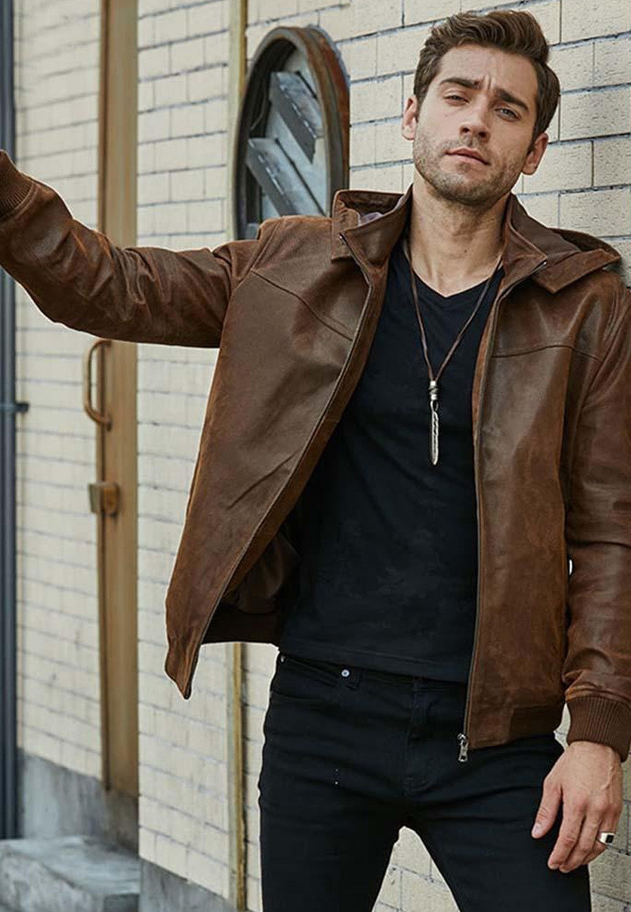 Stylish Tan Brown Leather Bomber Jacket for Men with Detachable Hood