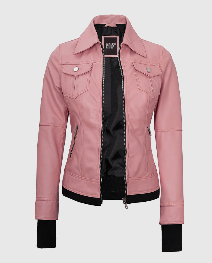 Women's Pink Bomber Leather Jacket with Hood