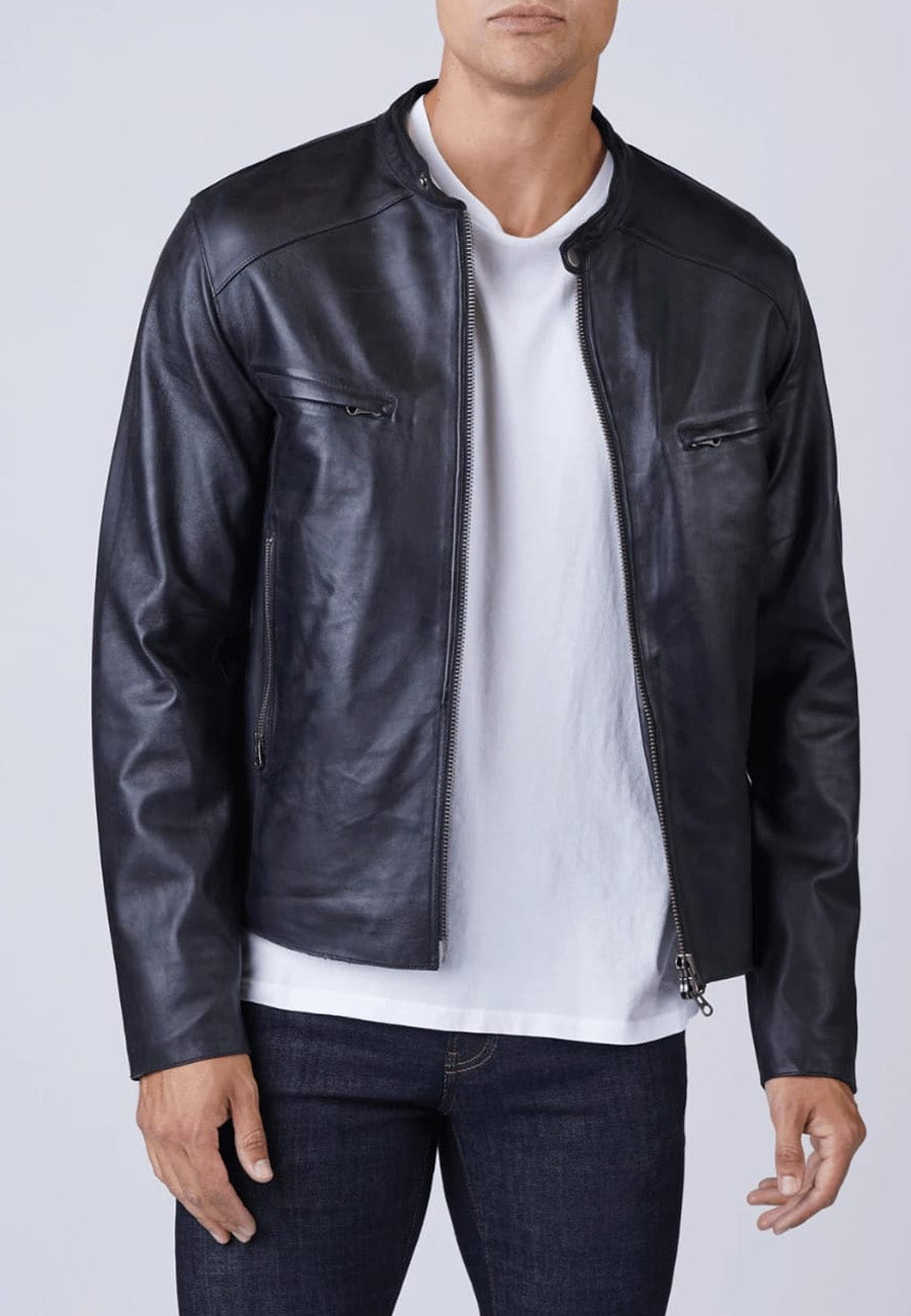 Men's Black Leather Jacket with Crew Neck