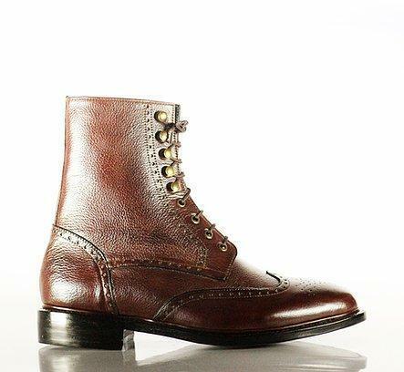 Handmade Men Brown Pebbled Leather Wing Tip Brogue Lace Up Boots, Men Ankle Boot