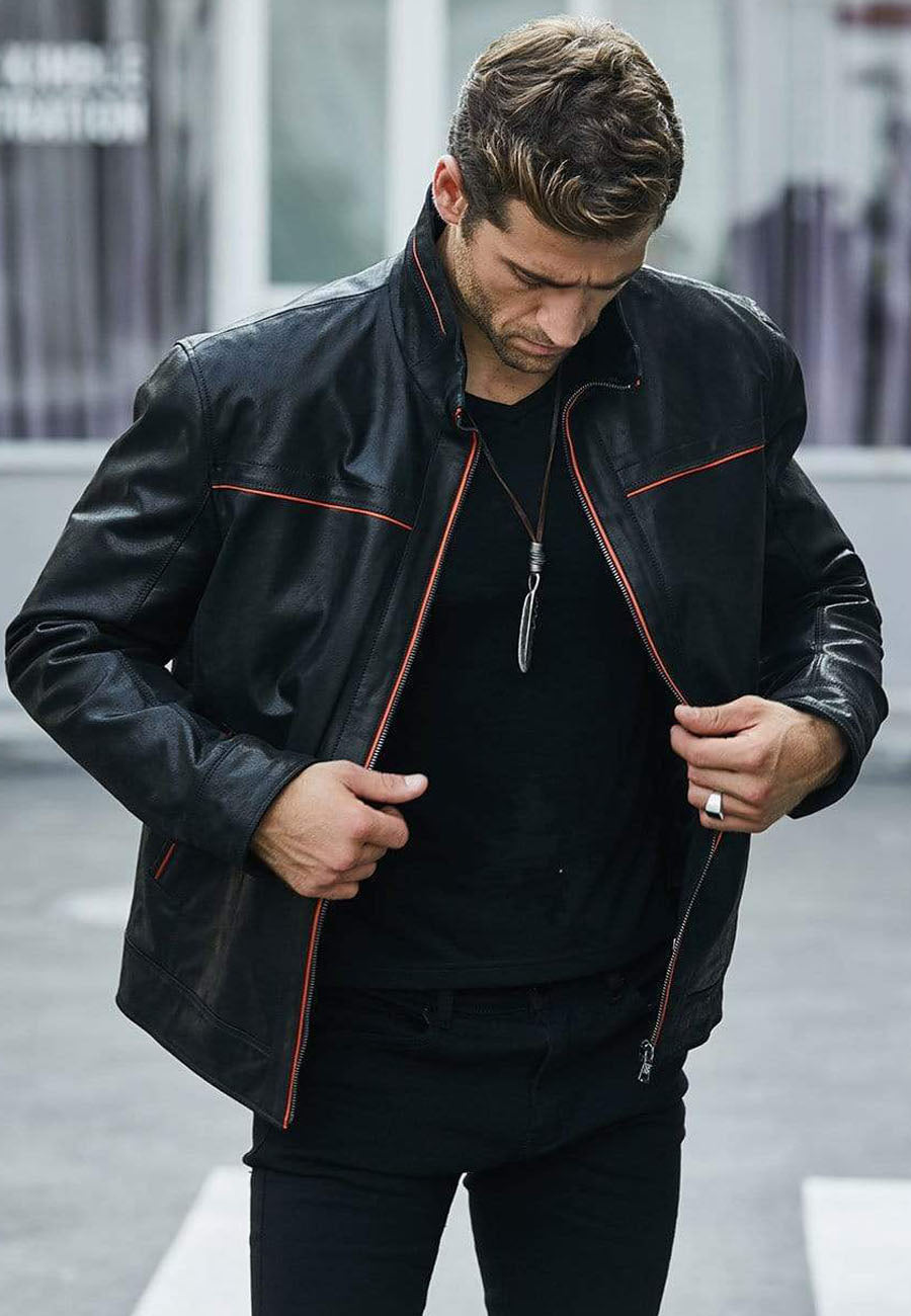 Men's Black Leather Jacket with Red Stripes