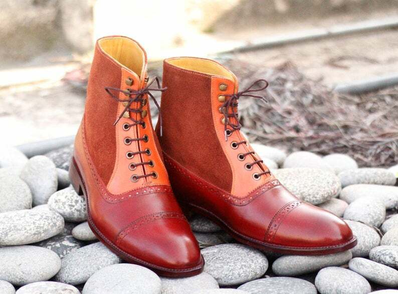 Handmade Men Tan Brown Leather Suede Cap Toe Ankle High Boots, Men Fashion Boots