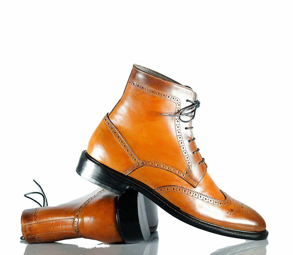 Handmade Men's Tan Brown Leather Wing Tip Brogue Lace Up Boots, Men Ankle Boots