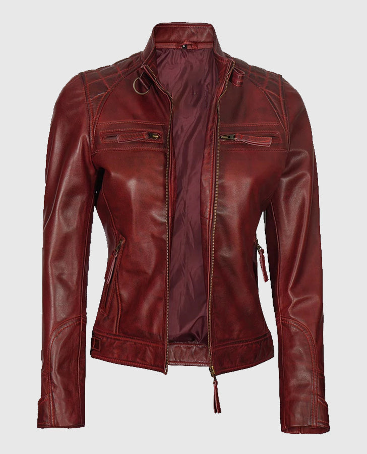 Johnson Women's Brown Quilted Cafe Racer Genuine Leather Jacket