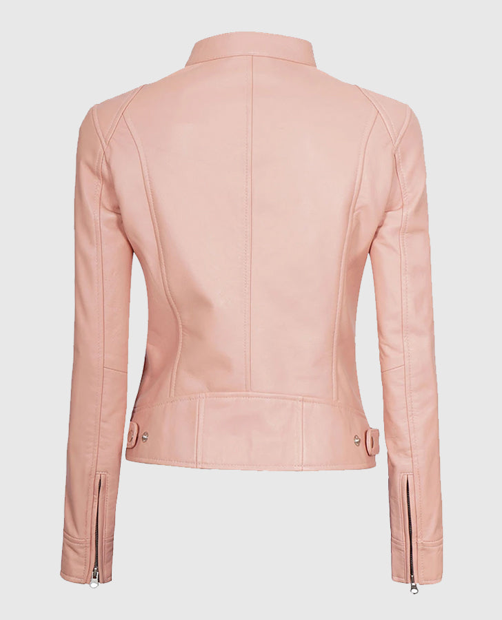 Light Pink Women's Motorcycle Cafe Racer Leather Jacket