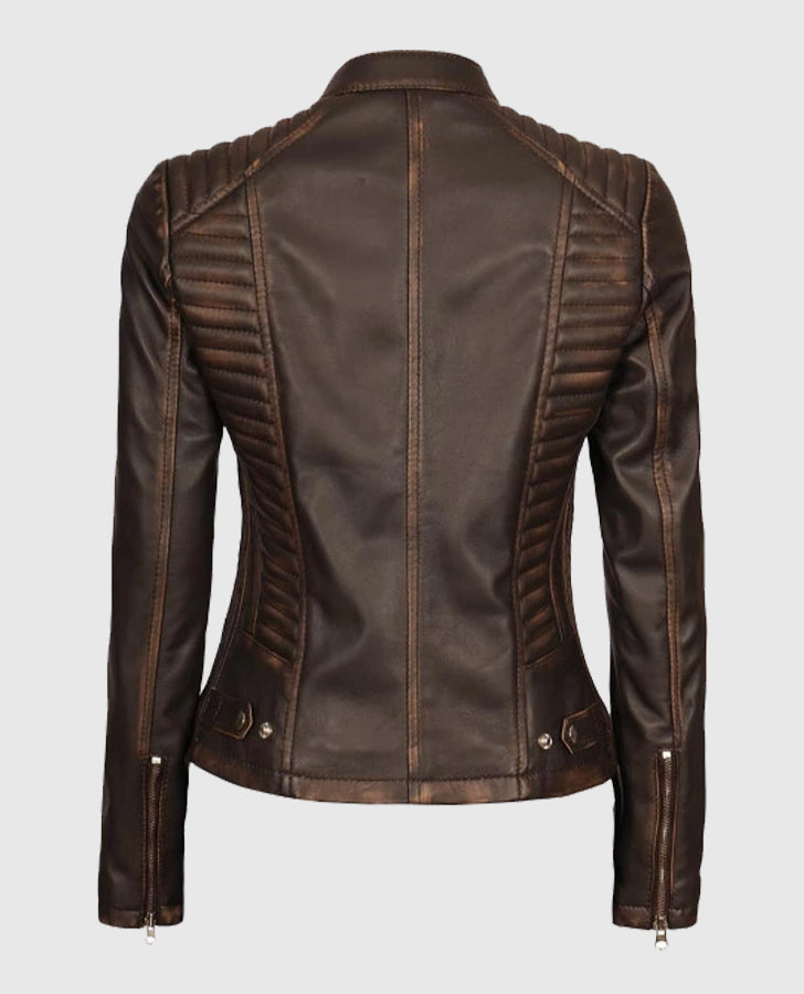 Women's Rachel Dark Brown Rub-off Cafe Racer Leather Jacket
