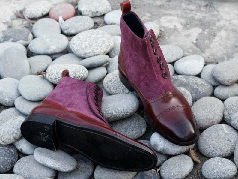 Men's Handmade Burgundy Leather & Suede Cap Toe Button Ankle Fashion Boots