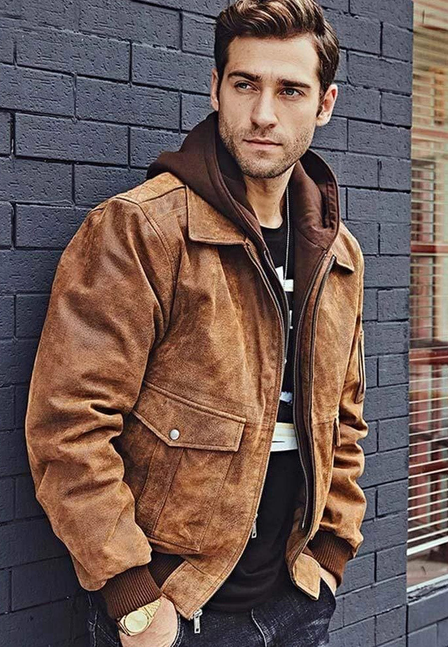 Stylish Men's Tan Brown Distressed Leather Bomber Jacket with Removable Hood