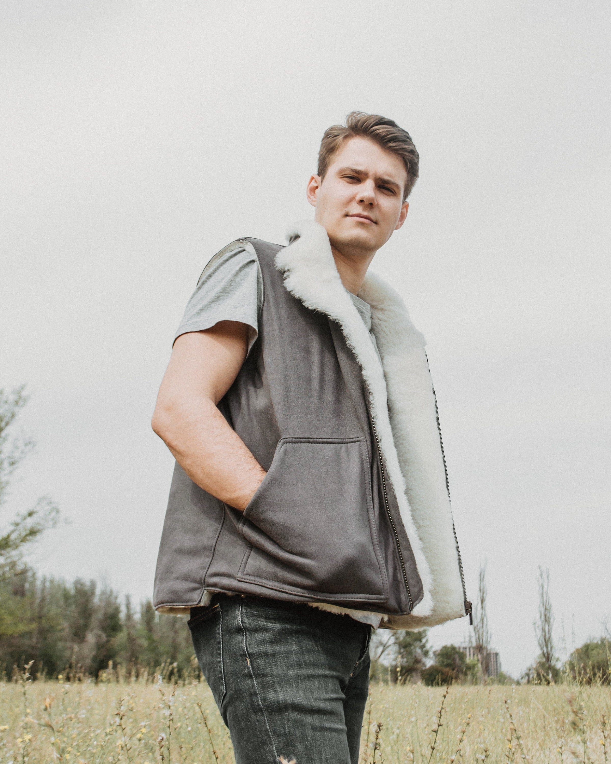 Grey Sheepskin Vest with Contrasting White Fur Lining with Wide Pockets