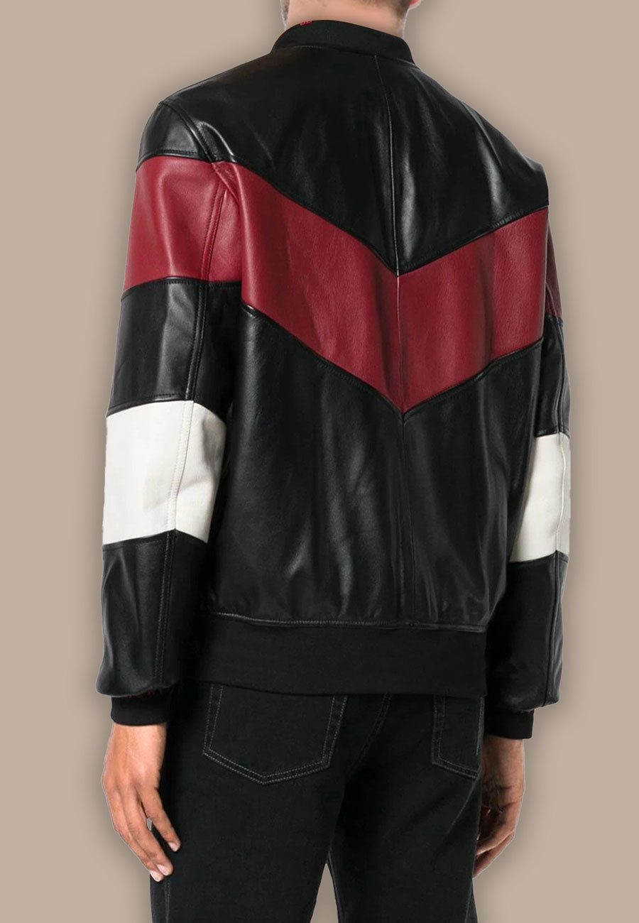 Stylish Men's Black Leather Bomber Jacket Featuring Eye-Catching Red and White Stripes