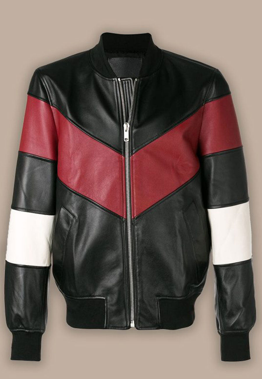 Stylish Men's Black Leather Bomber Jacket Featuring Eye-Catching Red and White Stripes