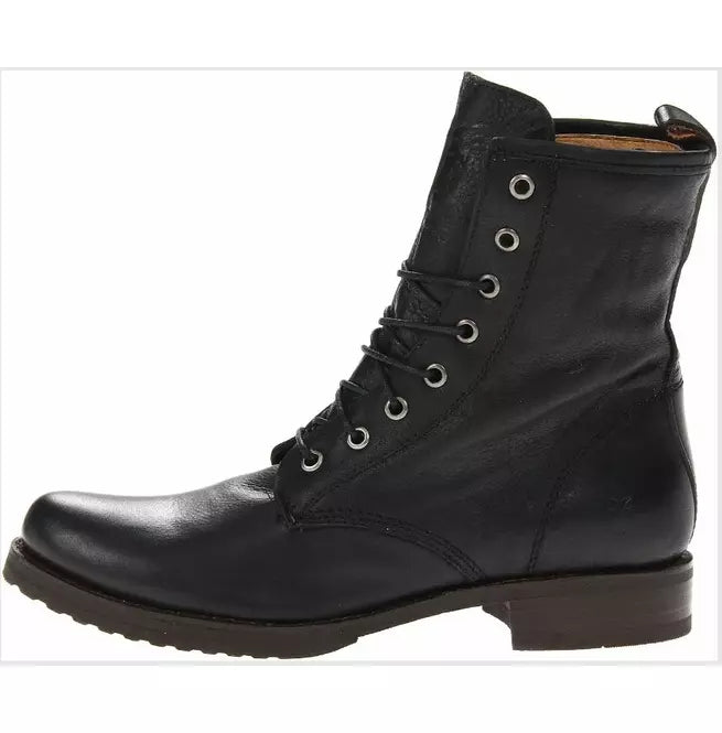 Handmade Black Combat Leather High Ankle Biker Lace Up Boots