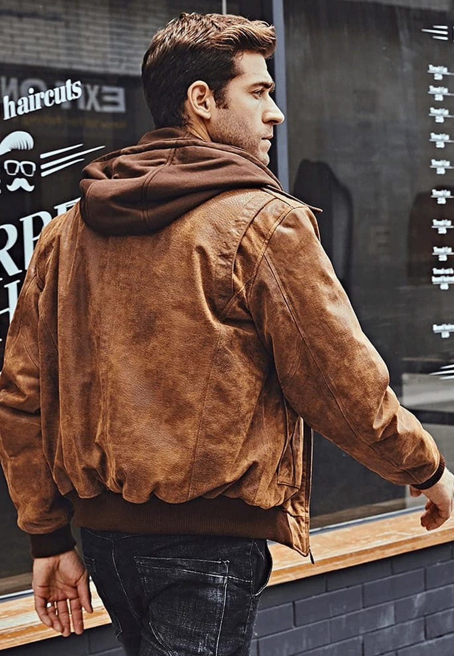 Stylish Men's Tan Brown Distressed Leather Bomber Jacket with Removable Hood