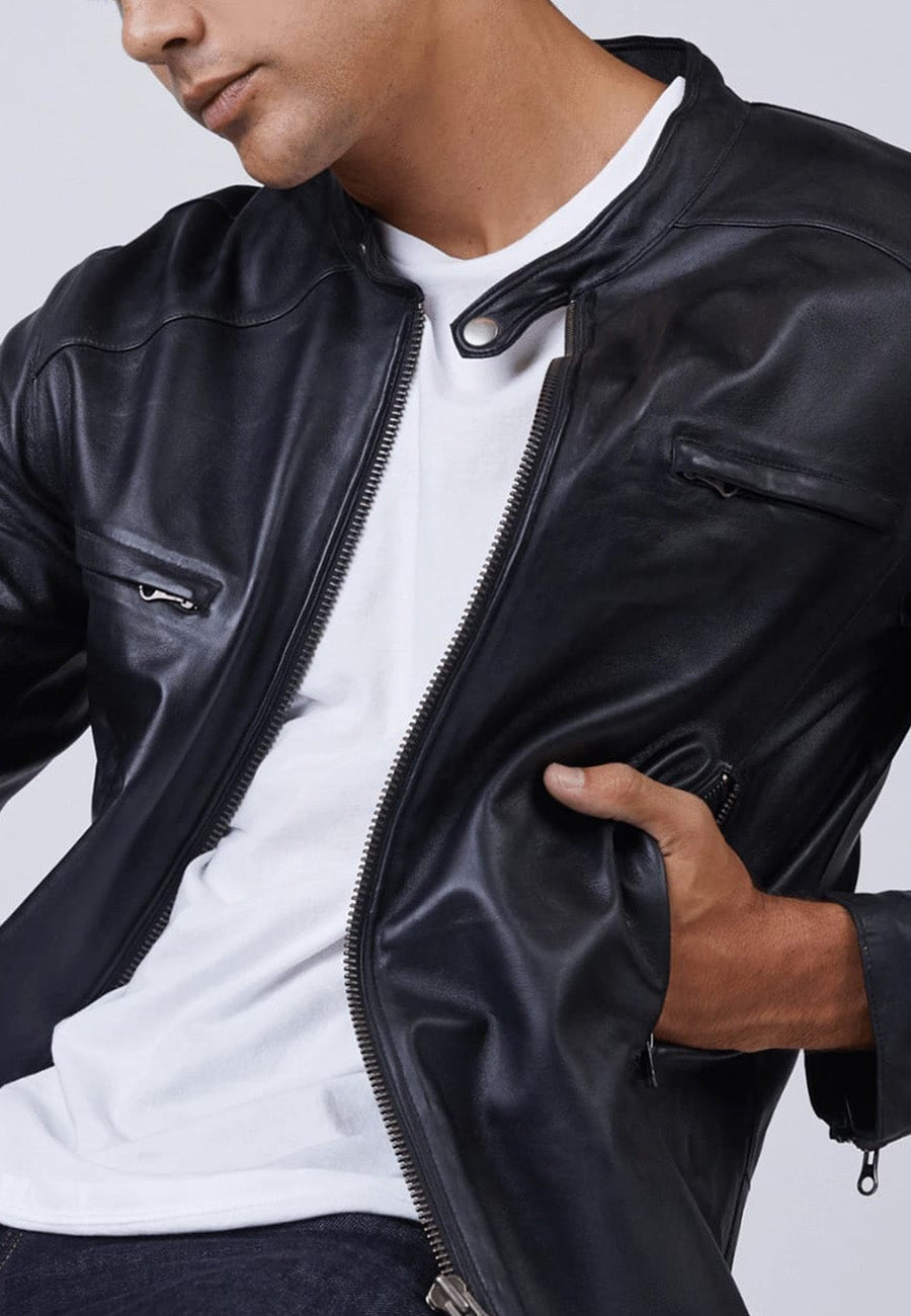 Men's Black Leather Jacket with Crew Neck