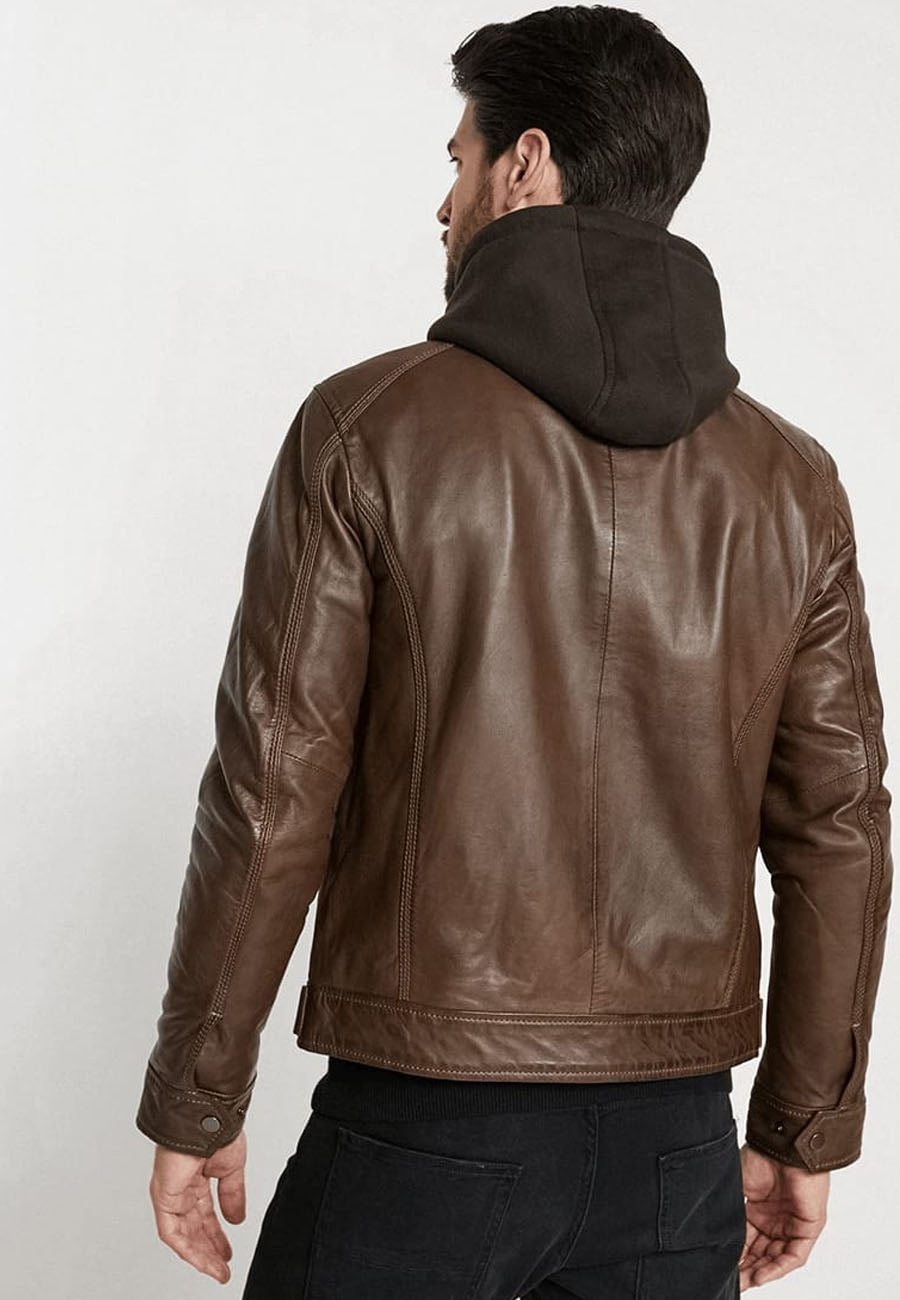 Men's Chocolate Brown Leather Jacket Removable Hood