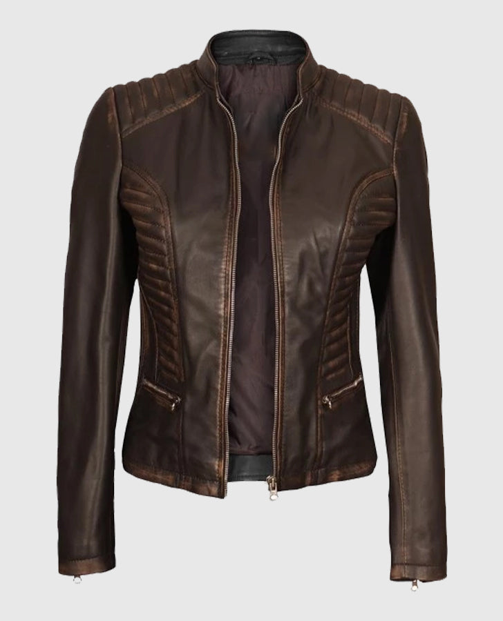 Women's Rachel Dark Brown Rub-off Cafe Racer Leather Jacket