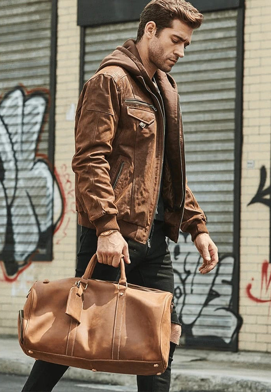 Stylish Men's Brown Leather Bomber Jacket with Removable Hood