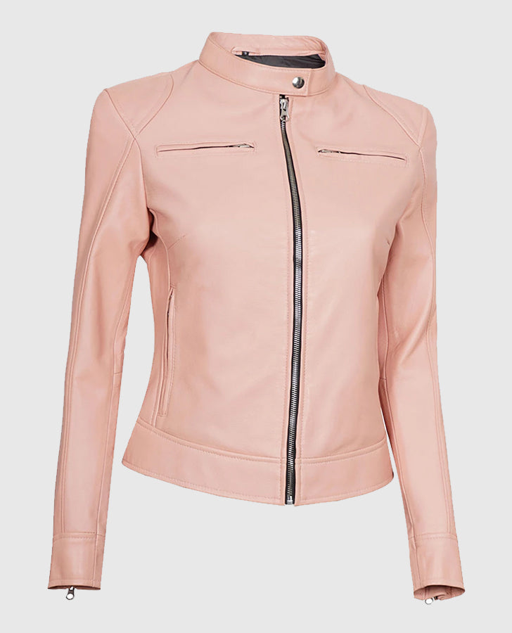Light Pink Women's Motorcycle Cafe Racer Leather Jacket
