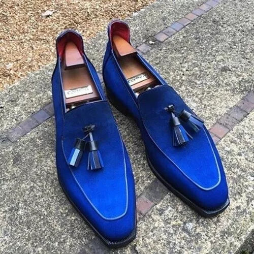 Royal Blue Suede Formal Handmade Tassels Loafer Party Wear Shoes