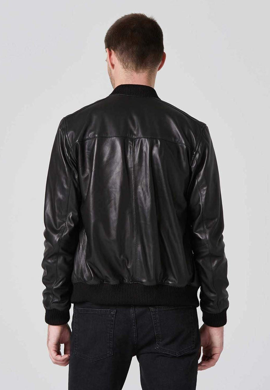 Stylish Men's Black Leather Bomber Jacket with Dual Zipper Design