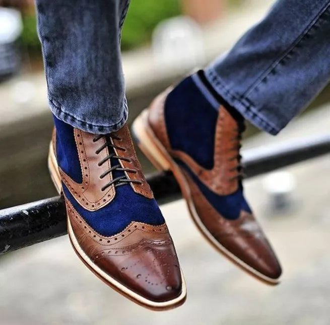 Handmade Brown & Blue Wing Tip Leather & Suede Lace Up Brogue Dress Boots Mens