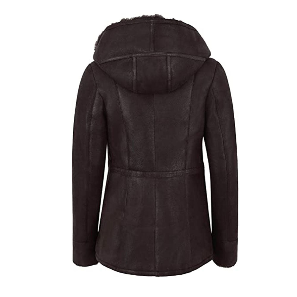 WOMENS HOODED FUR SHEARLING LONG JACKET