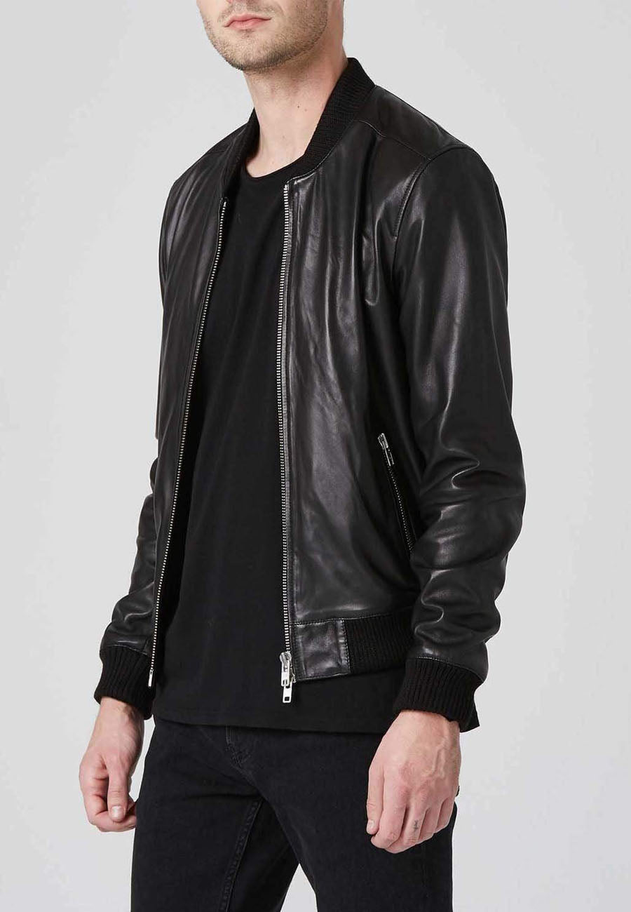 Stylish Men's Black Leather Bomber Jacket with Dual Zipper Design