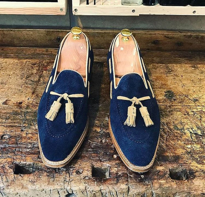 Men Suede Leather Blue Color Tassel Loafer Slip Ons Handcrafted Party Wear Shoes