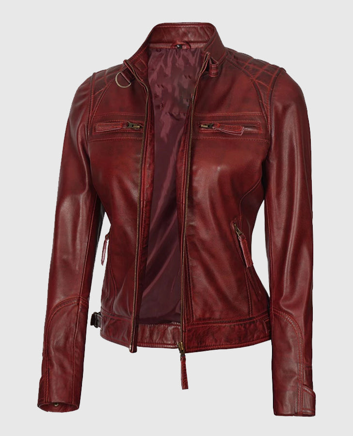 Johnson Women's Brown Quilted Cafe Racer Genuine Leather Jacket