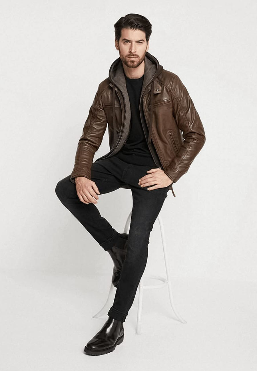 Men's Chocolate Brown Leather Jacket Removable Hood