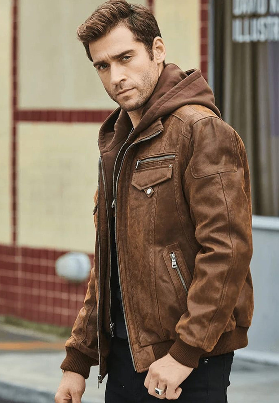 Stylish Men's Brown Leather Bomber Jacket with Removable Hood