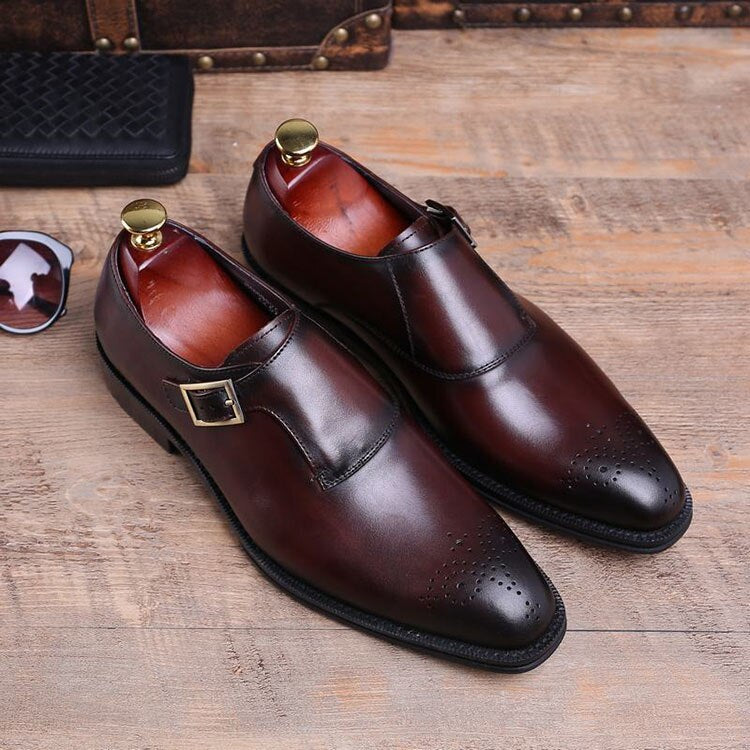 Handmade Brown Brogue Patina Real Leather Men Monk Strap Formal Shoes