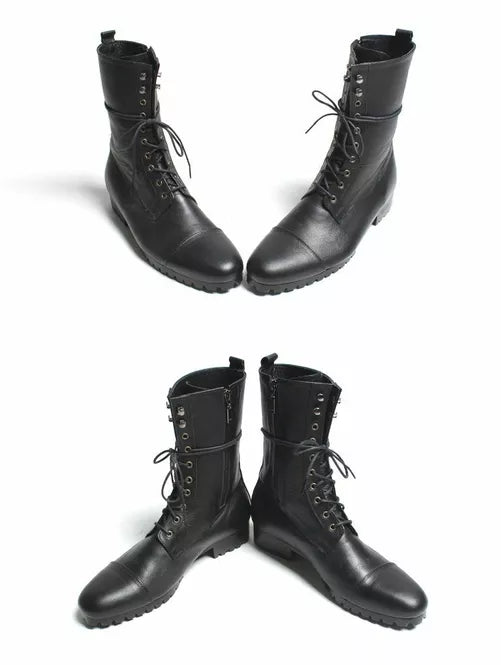 Handmade Black Leather Military Formal High Ankle Lace Up Biker Boots