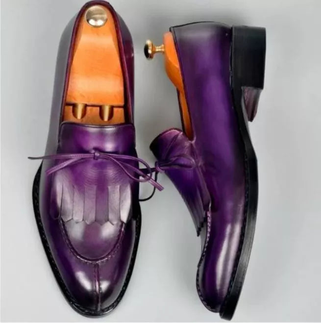 Purple Handmade Fringes Leather Formal Party Wear Slip Ons Shoes