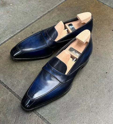 Handmade Blue Leather Formal Slip Ons Moccasins Dress Shoes