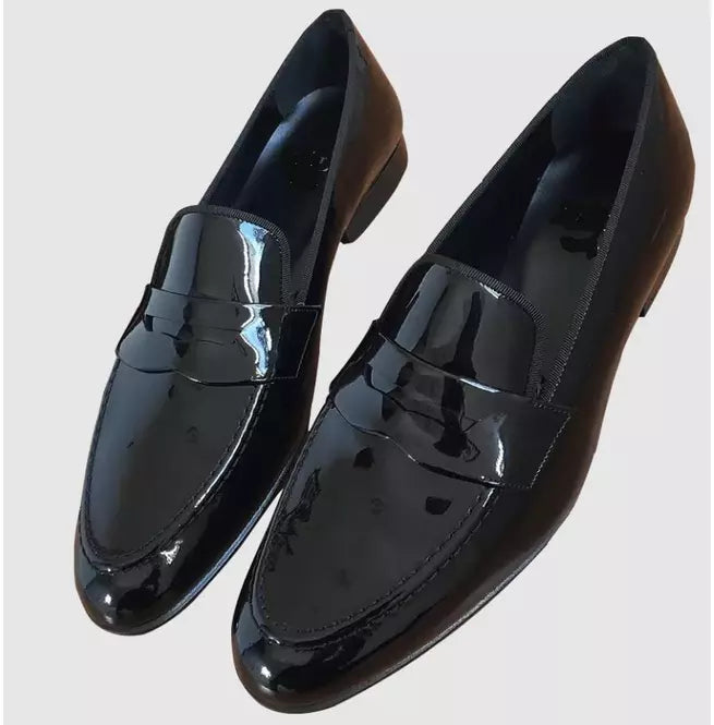 Shiny Black Leather Formal Moccasins Slip Ons Dress Shoes