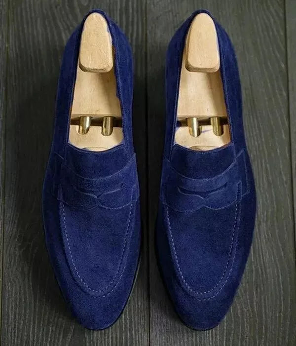 Handmade Blue Suede Formal Slip Ons Moccasins Dress Shoes