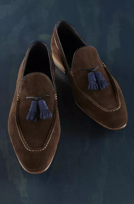 Men Brown Suede Handmade Loafers Shoes With Blue Tassels Formal Dress Shoes