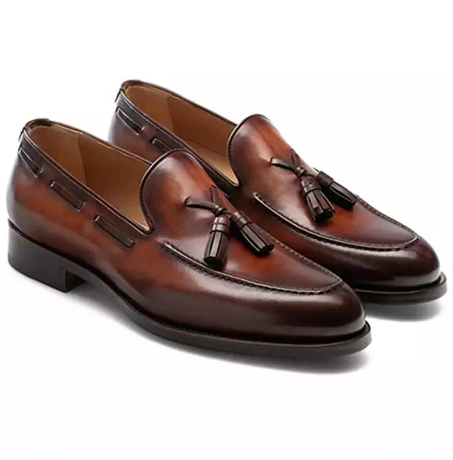 Handmade Brown Leather Formal Tassels Slip Ons Dress Shoes For Mens