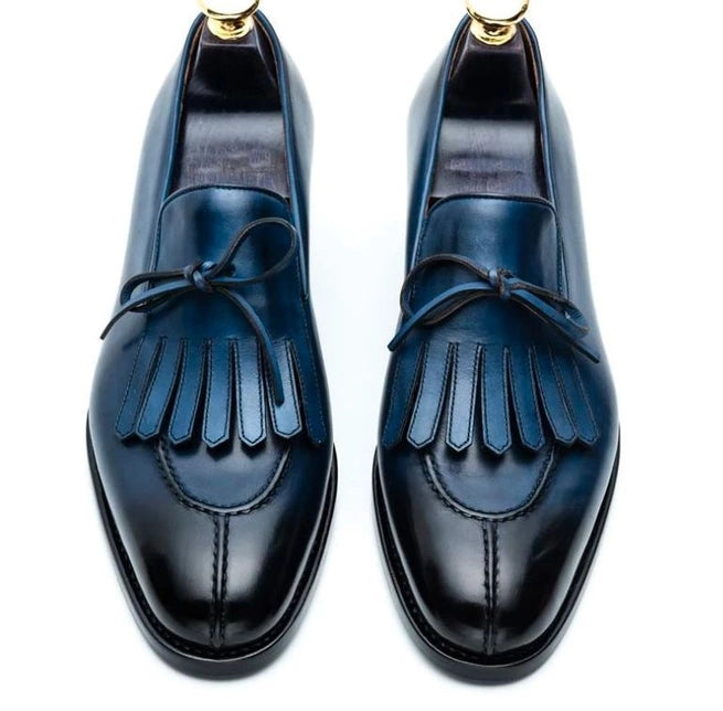 Men Blue Leather Formal Fringes Slip Ons Dress Shoes