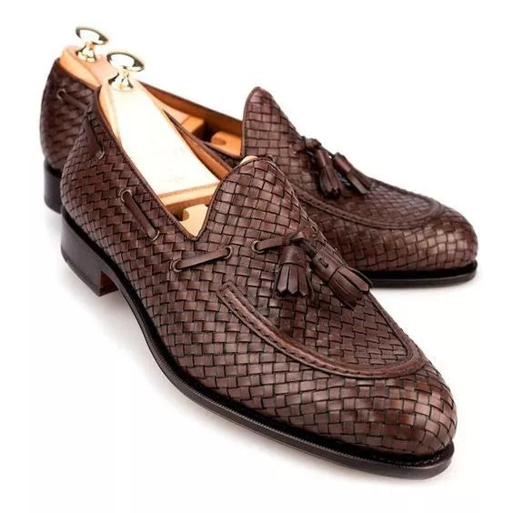 Handmade Brown Chitai Woven Leather Formal Tassels Slip Ons Dress Shoes For Mens